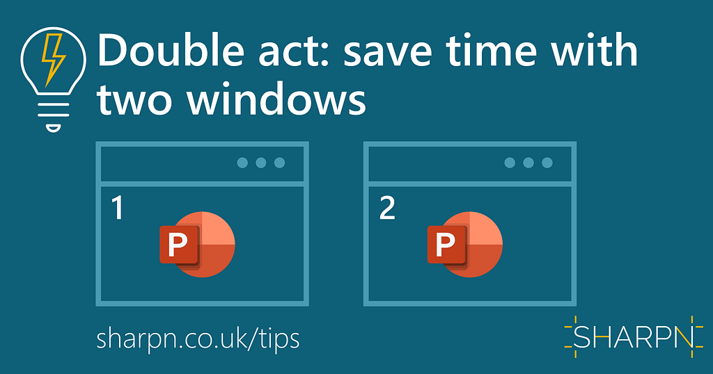 Article title plus a graphical depiction of two windows each with a PowerPoint icon, numbered 1 and 2