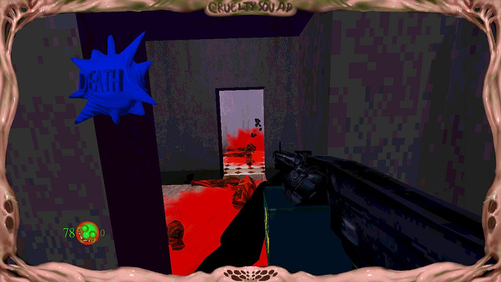 Screenshot of Cruelty Squad, featuring the player aiming over bloody corpses.