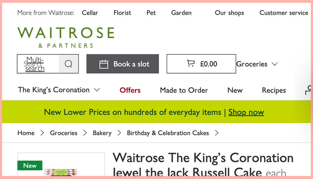 Waitrose The King’s Coronation Jewel The Jack Russell Cake product detail page with 200% zoom on desktop.