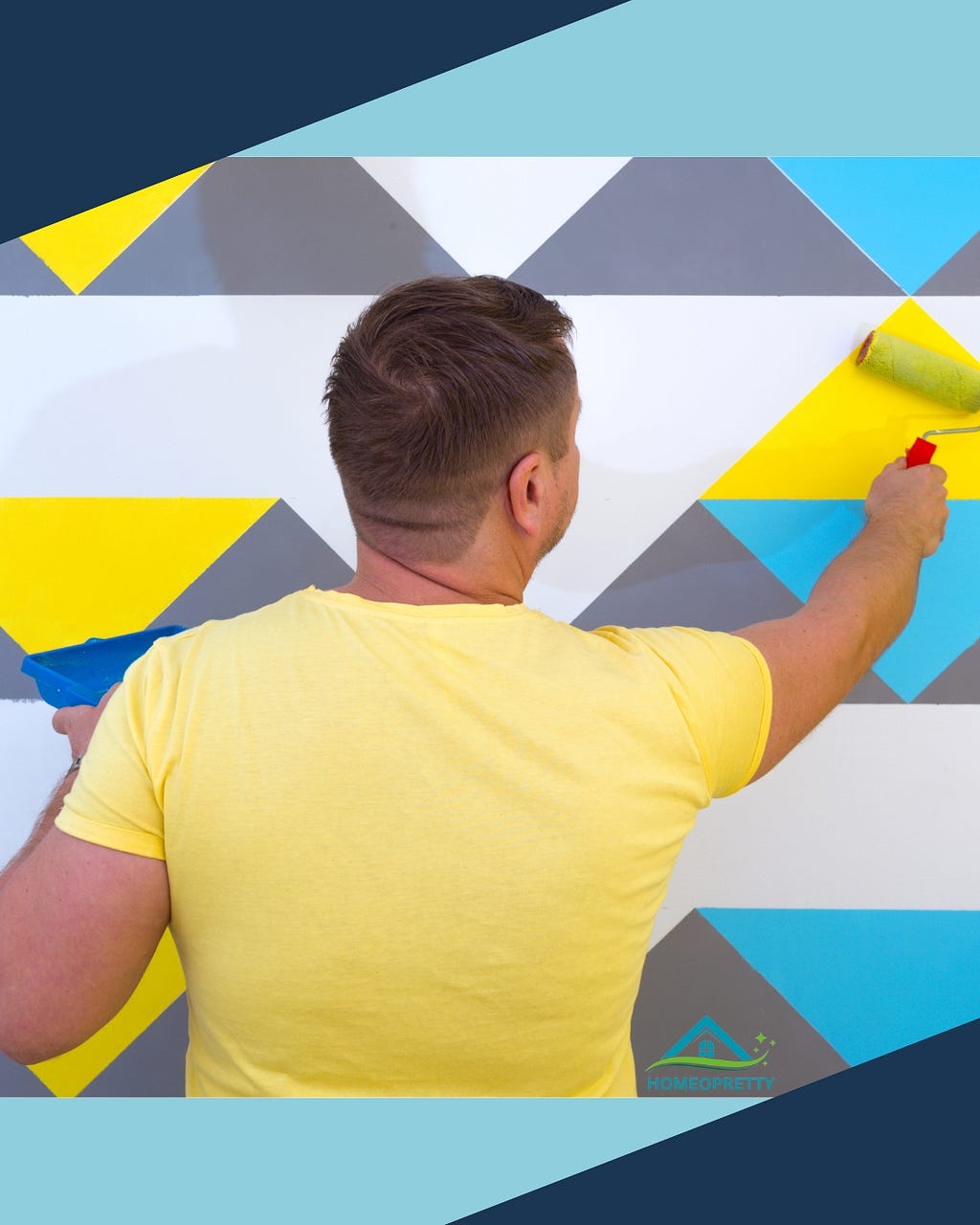 Professional alt text: “A skilled painter meticulously applies a vibrant yellow and blue geometric pattern onto a wall surface.Paint a Geometric Wall