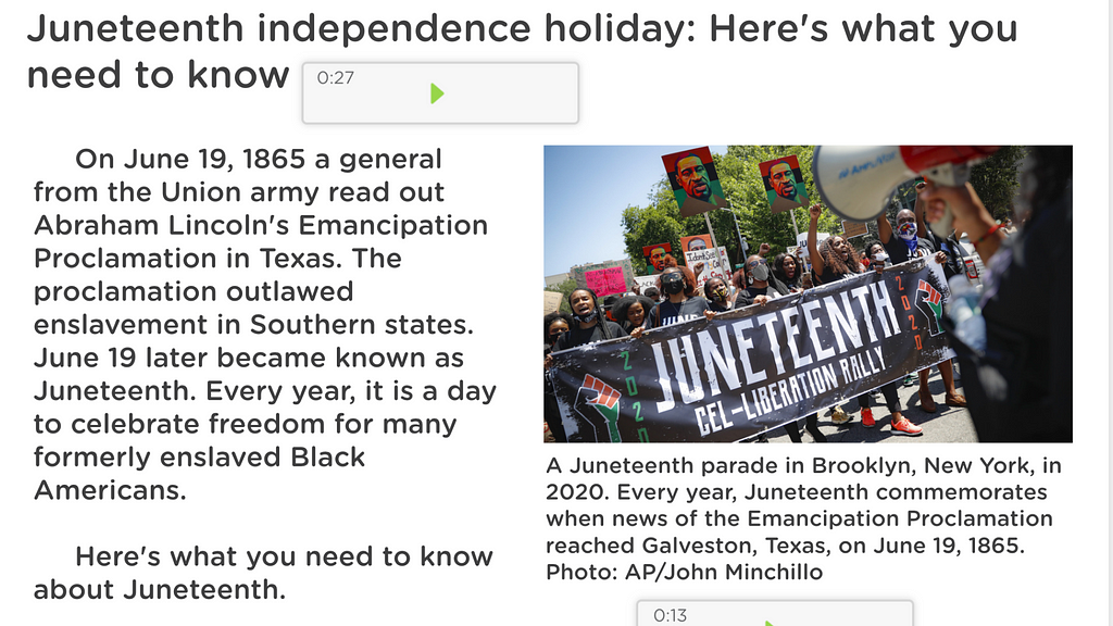 Another screenshot of a Classkick assignment detailing the importance of Juneteenth, with a picture of a Juneteenth parade and banner.