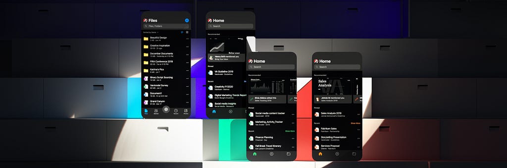 Dark mode user interfaces for OneDrive, Word, Excel, and PowerPoint.