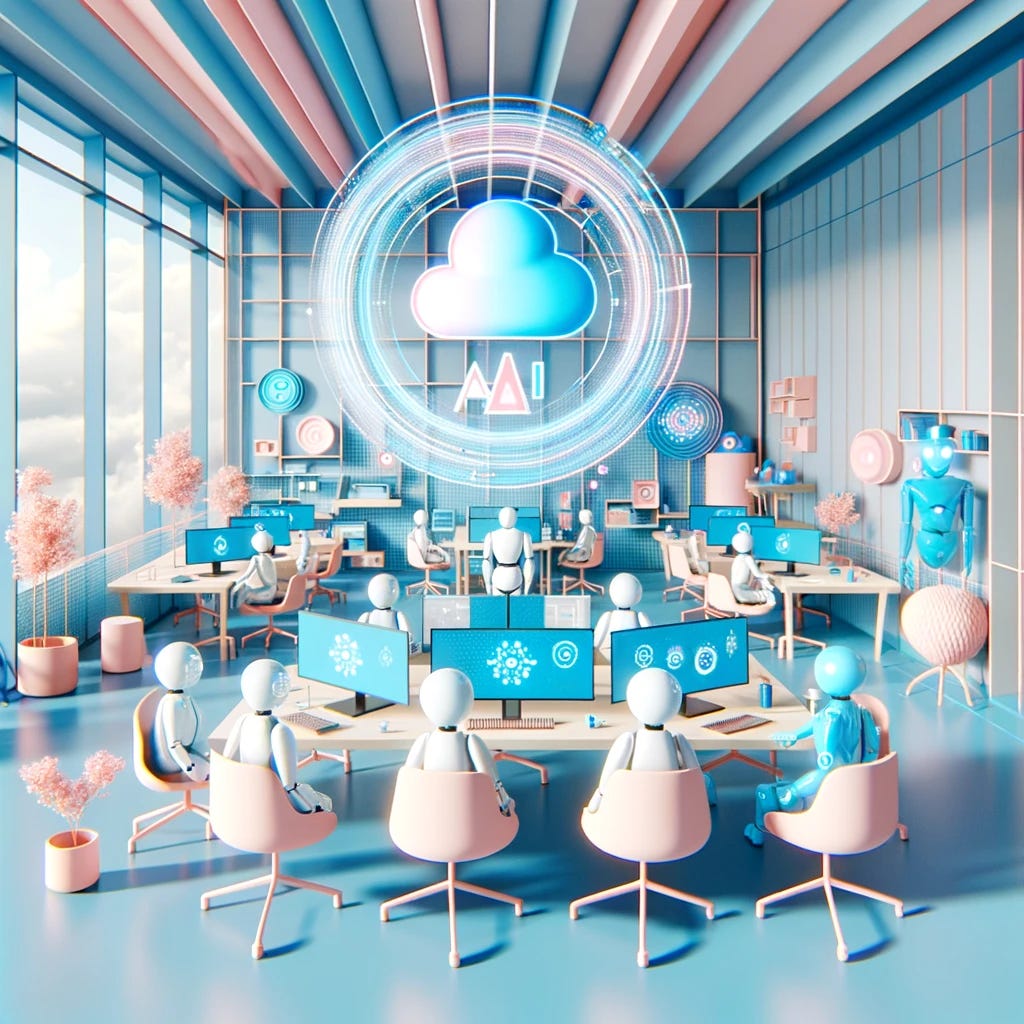 A futuristic office setting with a pastel-themed cotton candy style, featuring collaborative workspaces where humanoid robots and designers engage around AI-enhanced interfaces, symbolizing a harmonious fusion of technology and creativity.