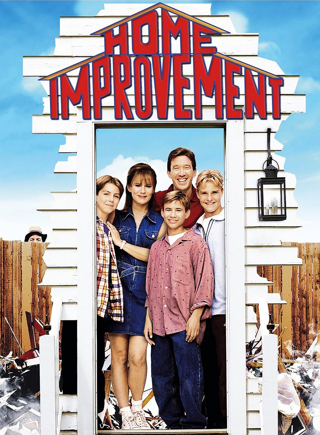 Home improvement TV show poster. All of the characters are in a doorway juxtaposed in front of the family fence.