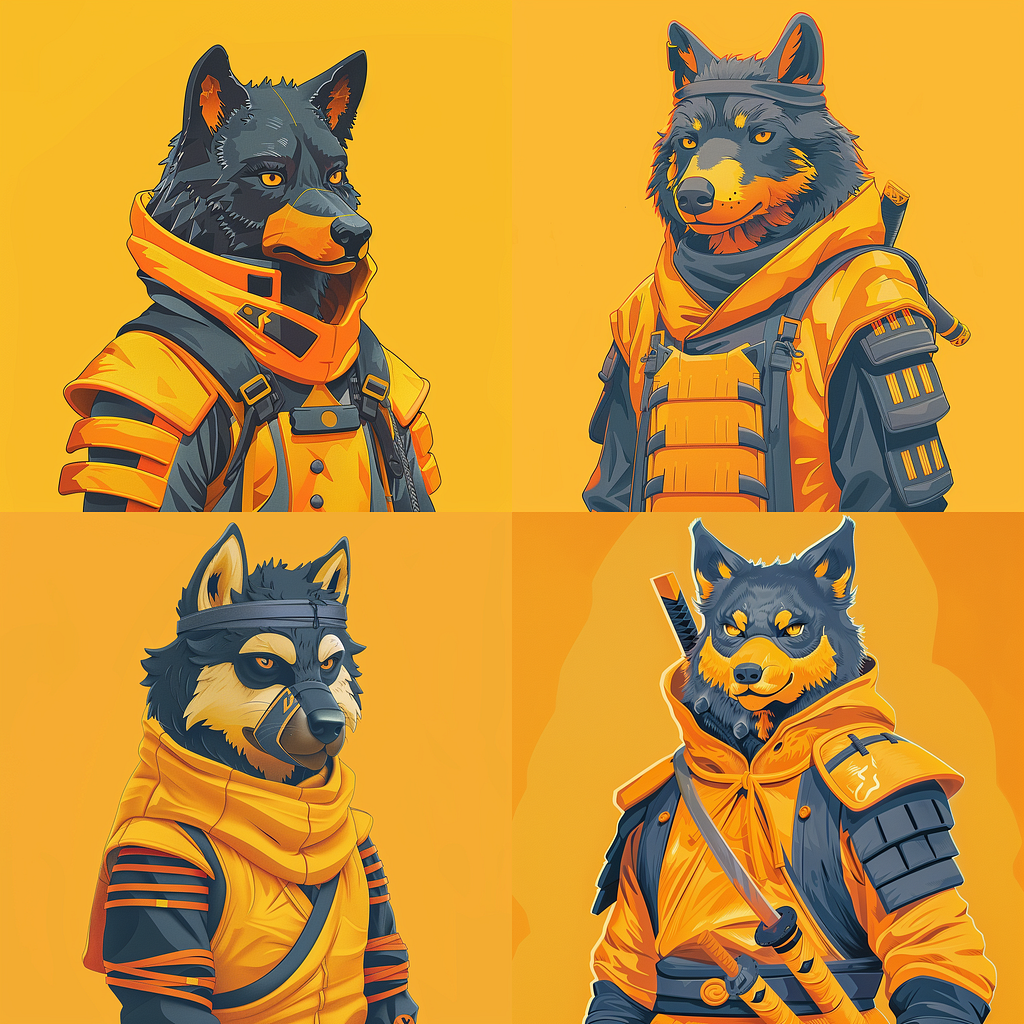 Anthropomorphic wolf in yellow and orange art style