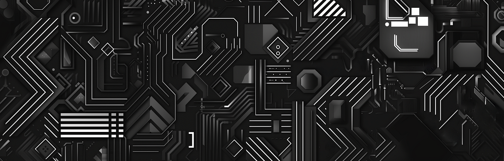 Illustration image of an intricate technologic maze made of abstract geometric shapes on a dark background