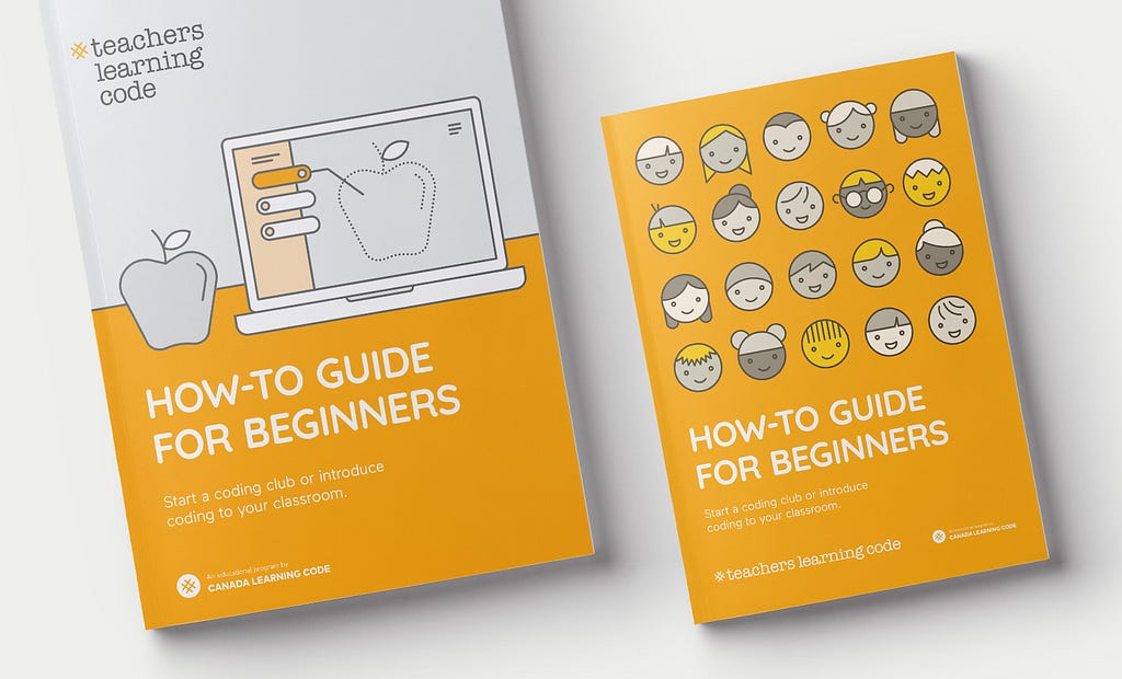 Example booklet print design featuring custom illustrations and brand typography for Teachers Learning Code