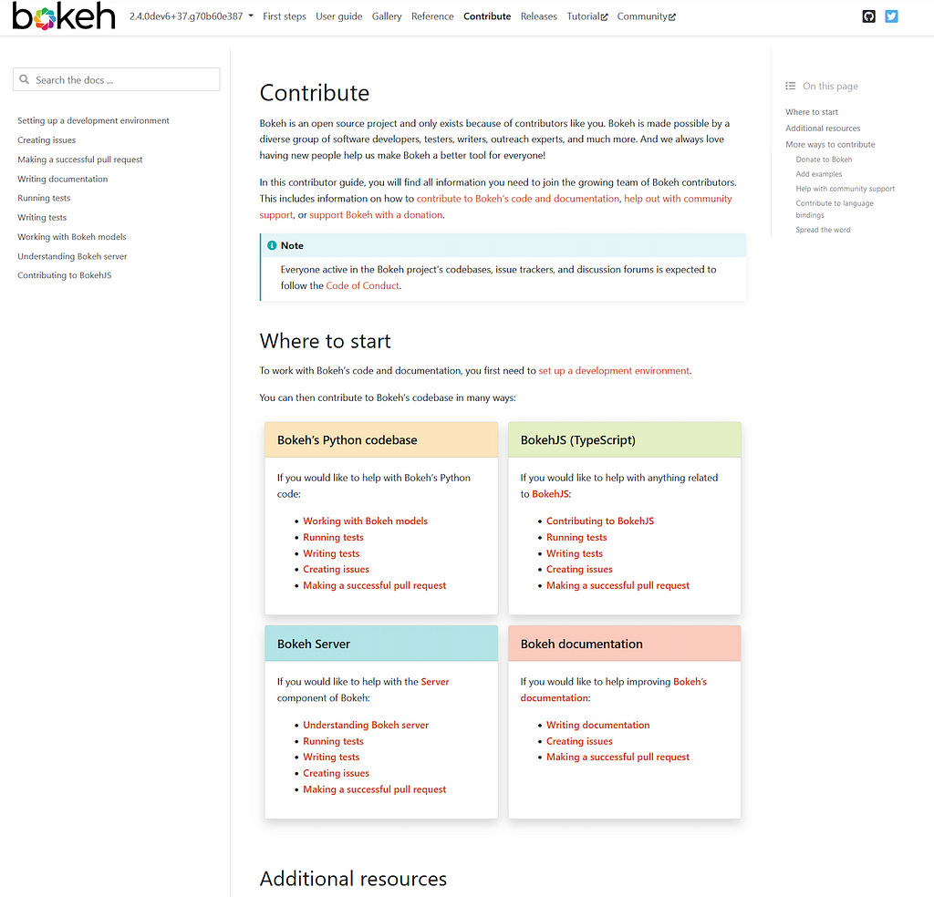 Screenshot of new Contributor’s Guide, showing panels for Python, Typescript, Server, and Documentation sections.