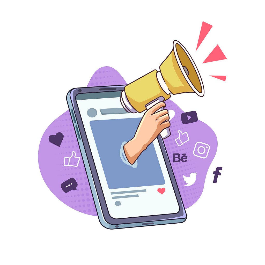 A hand holding a megaphone popping out of a mobile phone with social media icons around it