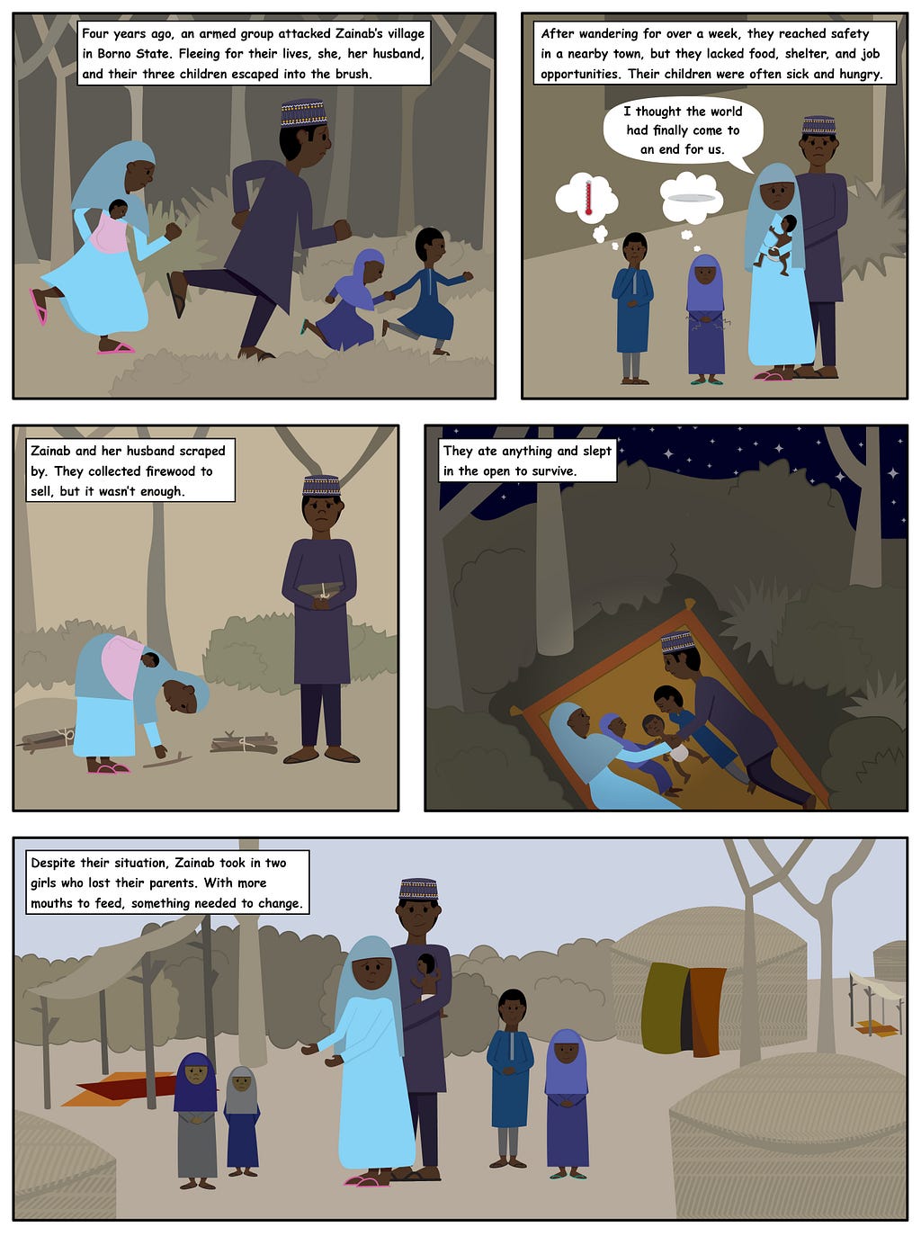 Illustrated story of Zainab, displaced from her home in Borno with her husband and three children.