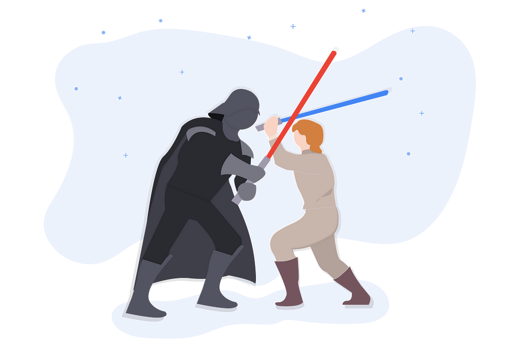 Darth Vader and Luke Skywalker fighting with lightsabers