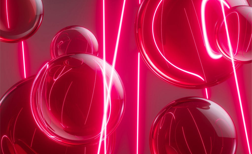 Abstract image, all in red: glas balloons & laser light
