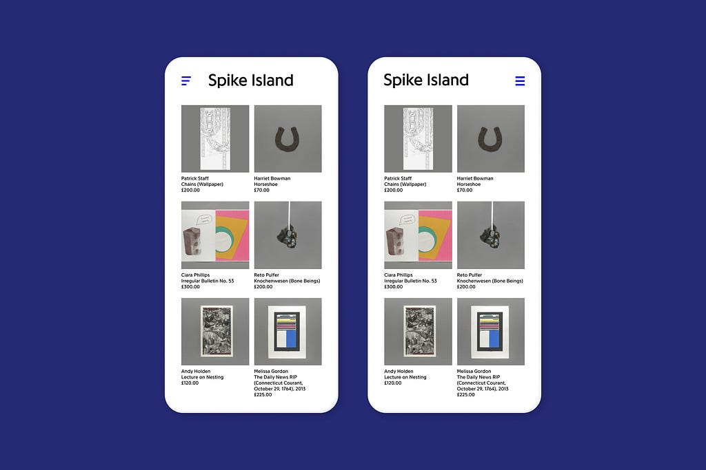 2 designs for a hamburger menu. On the left a less conventional design and position.