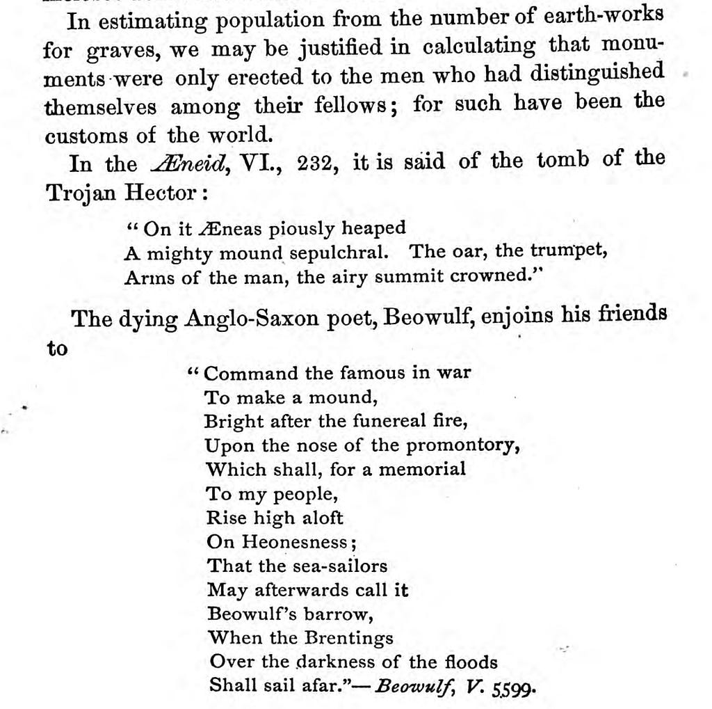 Comparison of Indigenous Wisconsin burial mounds with the Aeneid’s tomb of the Trojan Hector (“A mighty mound sepulchral”).