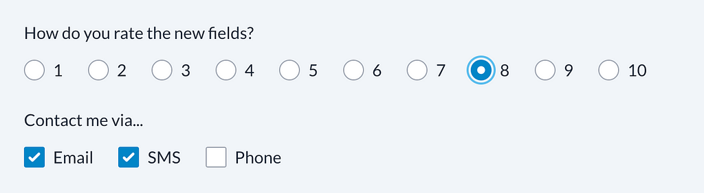 Screenshot of radio buttons and checkboxes