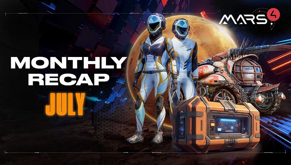 July Monthly Recap image with a Mars4 logo, featuring a pair of native Martian colonists and the newly introduced Mad Beetle, symbolizing key updates in the blog post.