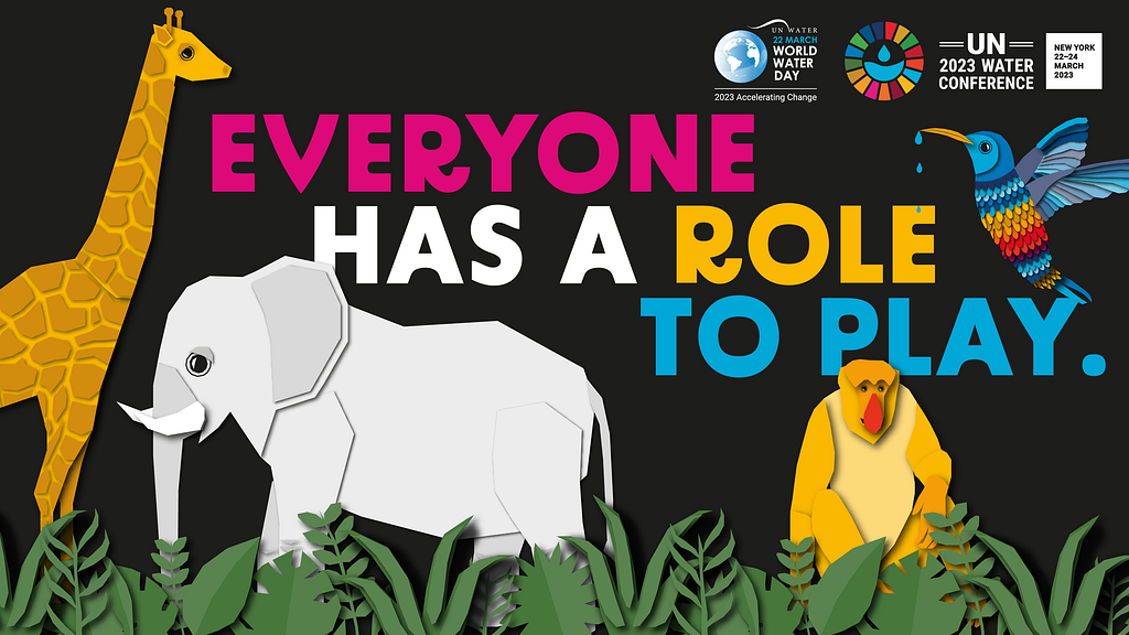 United Nations' official image for World Water Day shows a hummingbird, a monkey, an elephant and a giraffe with the world ‘Everyone has a role to play