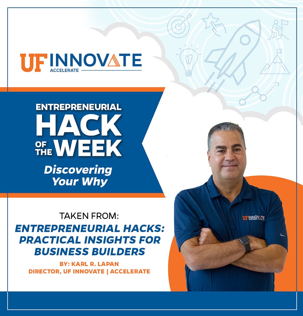 Graphic image displays UF Innovate | Accelerate’s entrepreneurial hack of the week: Discovering Your Why, featuring content from Karl LaPan’s book Entrepreneurial Hacks: Practical Insights for Business Builders.