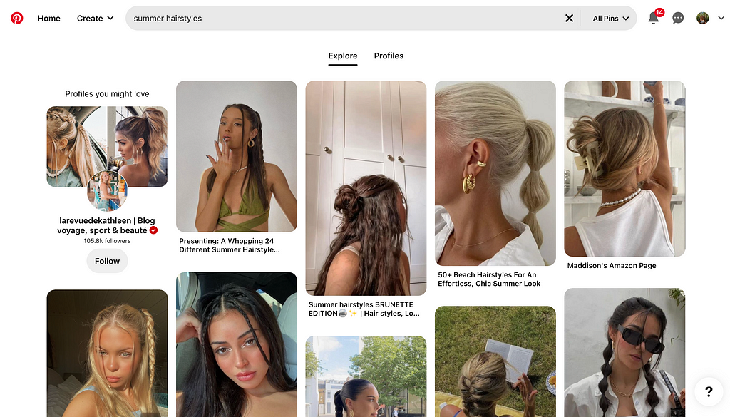 Screenshot of pinterest search of “summer hairstyles” and the results are all white woman
