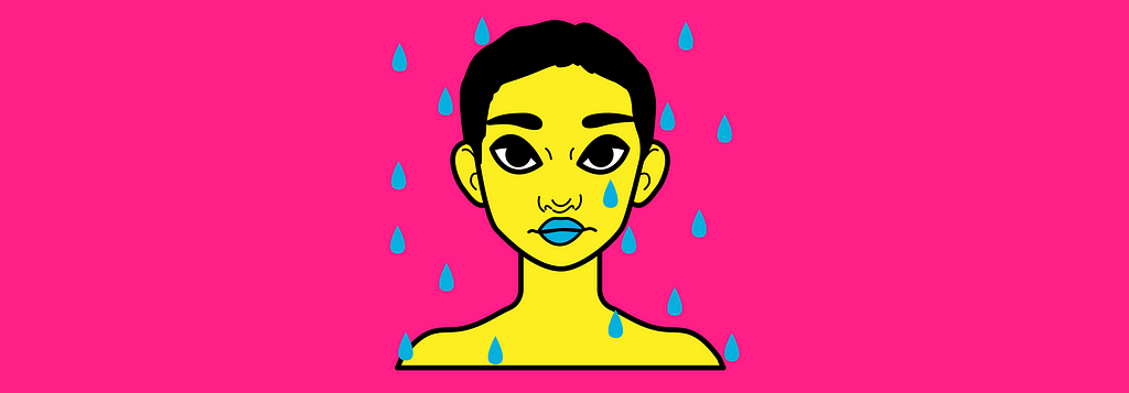 Ilustração de uma pessoa com pele amarela, cabelo preto curto, olhos pretos e lábios azuis. Há um fundo rosa e gotas de chuva azuis simbolizando lágrimas.