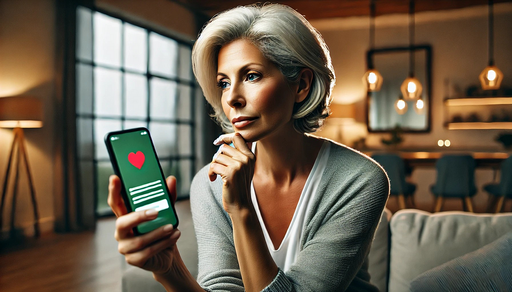 Here is the image of a midlife woman looking thoughtfully at her phone with a dating app open, sitting in a cozy living room. The background shows a modern apartment with soft lighting.