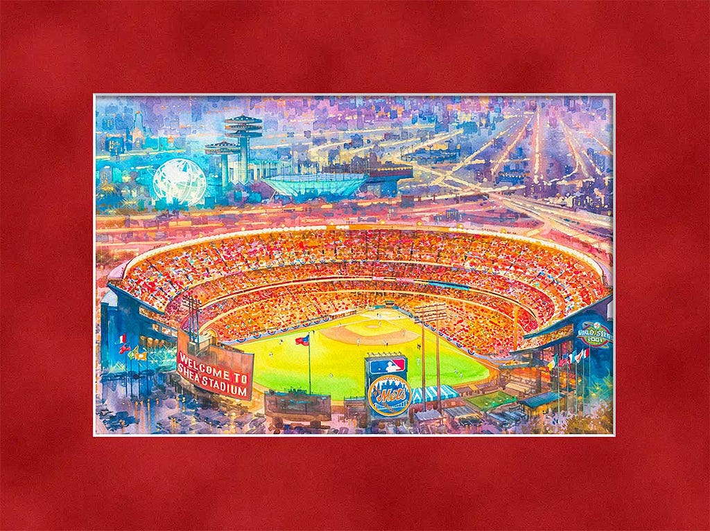 Shea Stadium watercolor painting by Roustam Nour