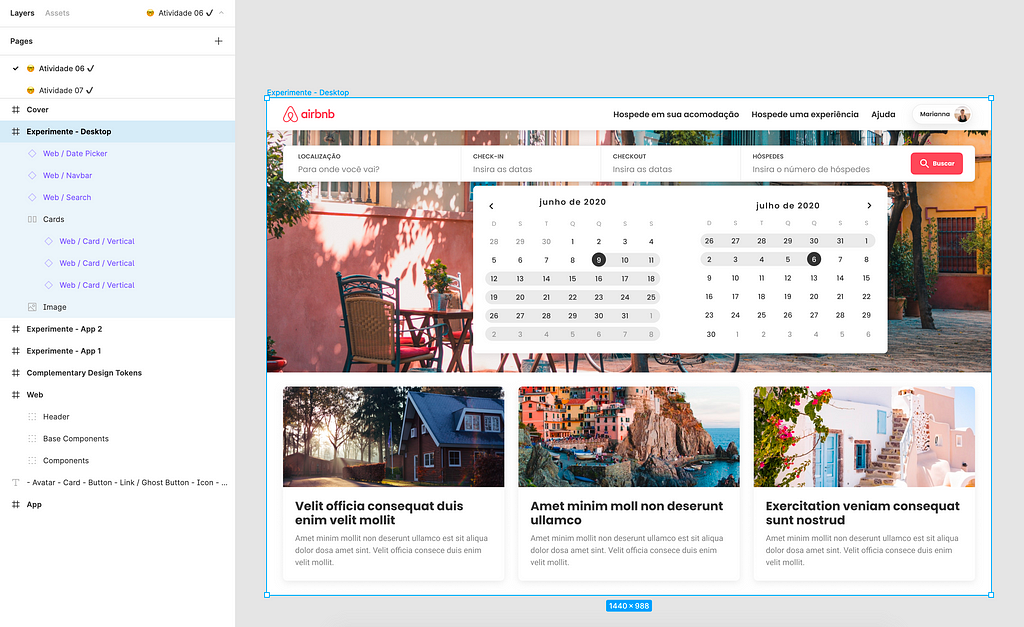 Exemplo de template: home do site com header, barra de busca, calendário e alguns cards com locais para conhecer