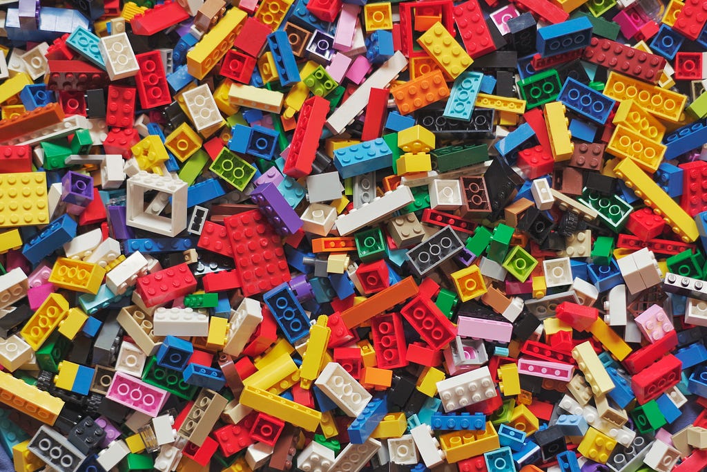 LEGO bricks in a pile on the floor