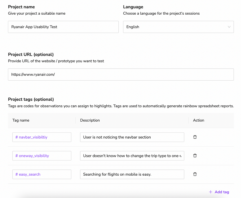 New project creation page at UX Mining Platform