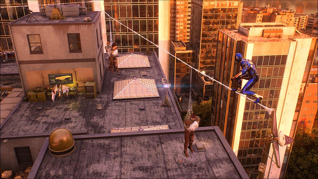 On the roof of a building, Spider-Man stands on a webline created by attaching webs between two points. Enemies hang from the weblines.