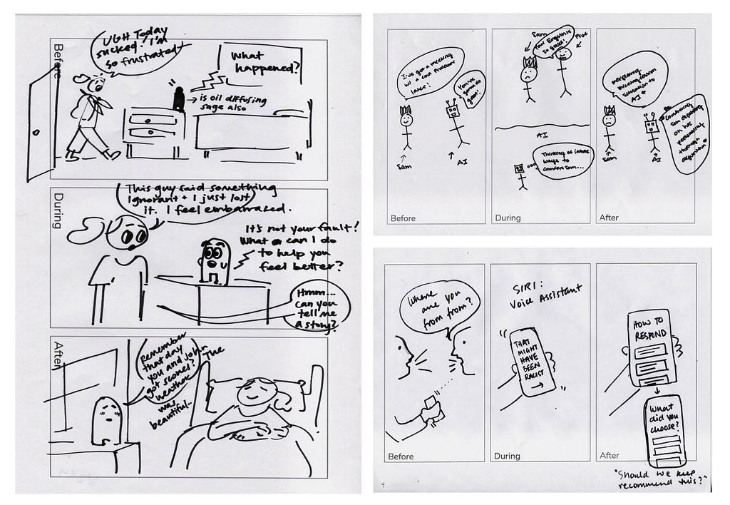 3 hand-drawn sketches show future technologies, like a smart speaker that asks, “How was your day? How can I help?”
