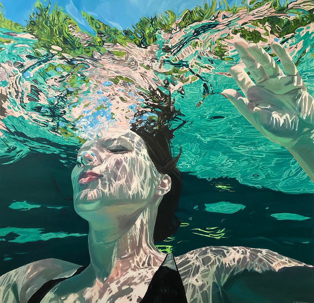 Painting of a woman swimming underwater.