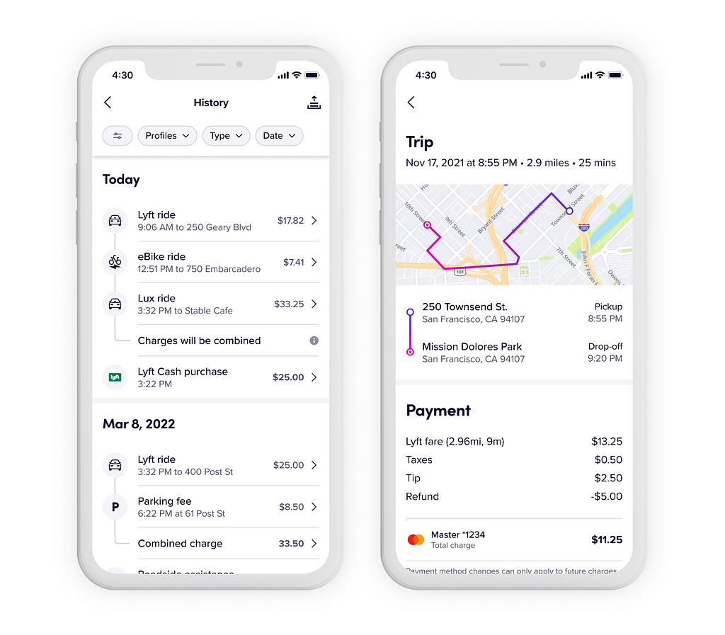 Final mocks of the redesigned Lyft History and Ride Details