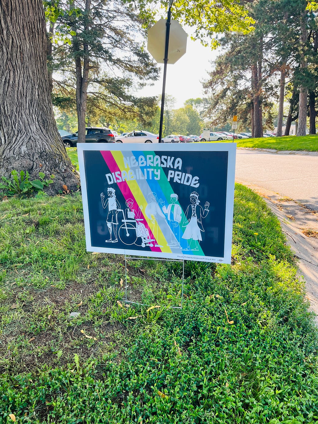 Outside at a park. A sign says, “Nebraska Disability Pride”. White graphics of various disabled people with various disabilities are placed on top of the disability pride flag colors (red, yellow, blue, and greens).