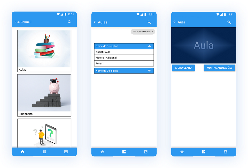 A Interface do Usuário da tela inicial de um aplicativo educacional, seguido da tela de seleção de aulas, e por último a tela de aula, dispostas horizontalmente.