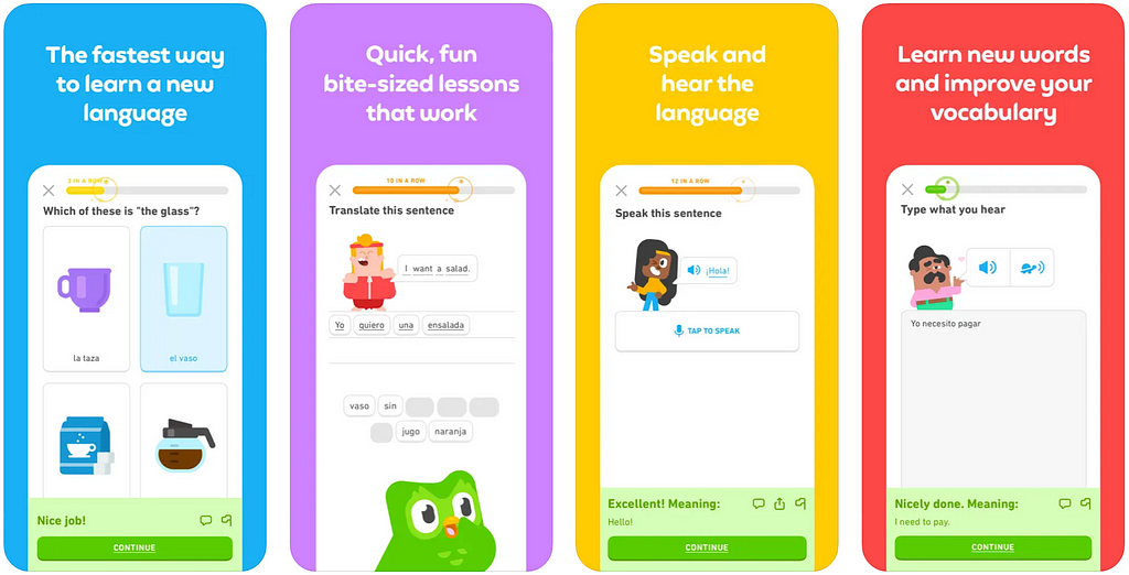 Section image: AppStore preview screenshots for Duolingo