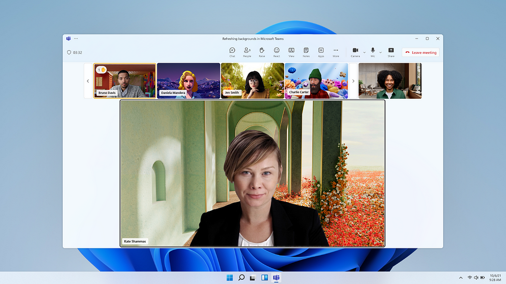 A computer screen featuring a communication app’s user interface with five people on a conference call.