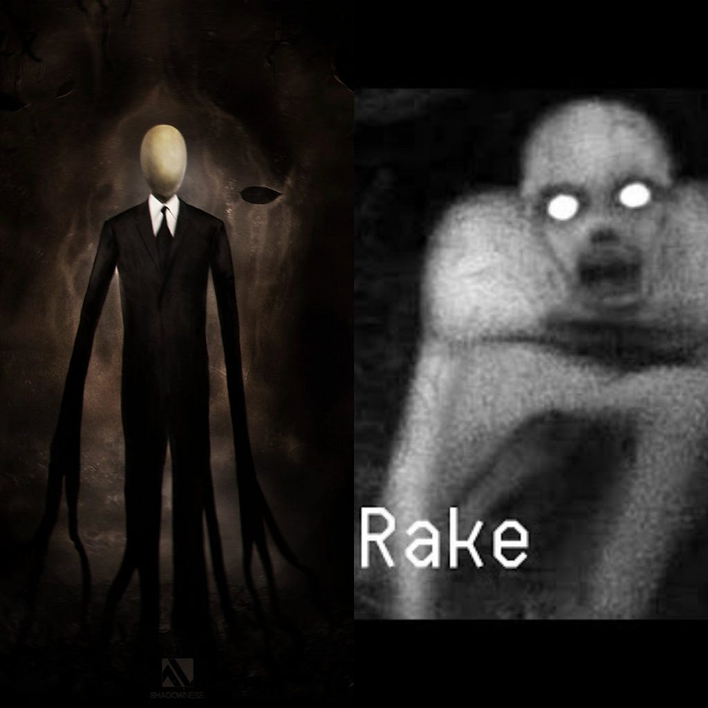 Image of the Slenderman on the Left and Image of a Rake on the Right.