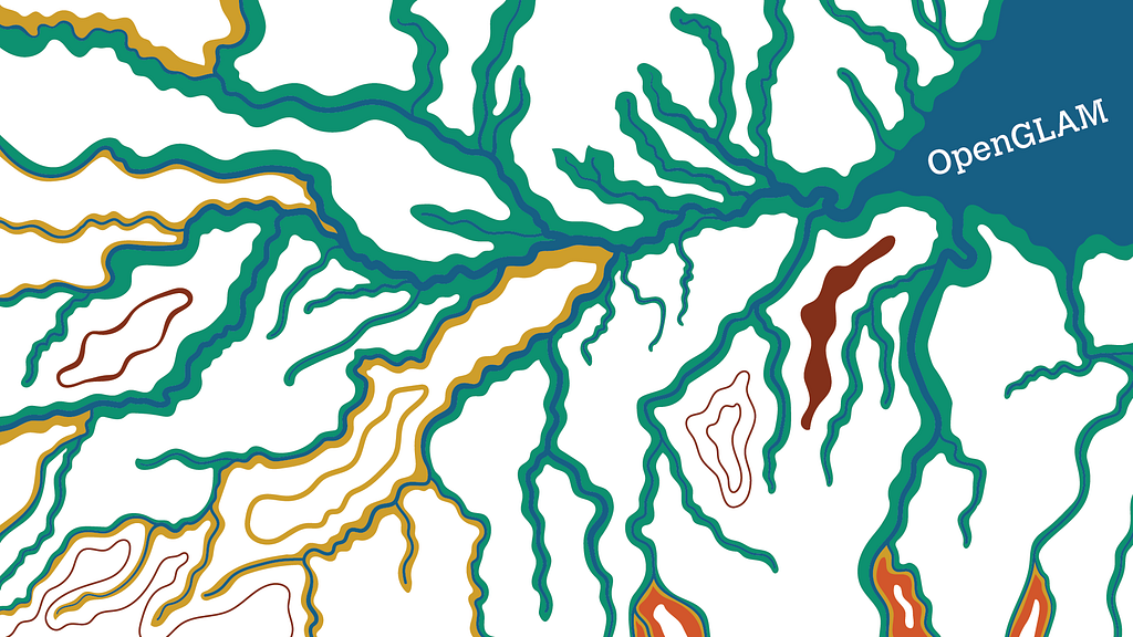 Ilustração de vários rios indo na direção de um rio maior e seu delta. Os rios são representados em azul, com margens verdes, amarelas e vermelhas, e sobre um fundo branco.