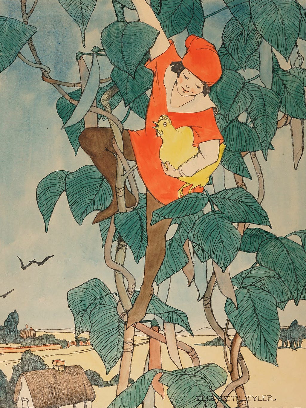 An illustration of Jack descending the giant beanstalk, carrying a golden chicken under his arm.