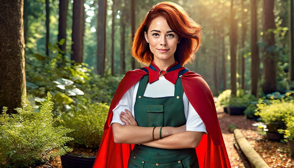 Adobe FireFly2 AI Image: Red-haired woman in Cape with forest background