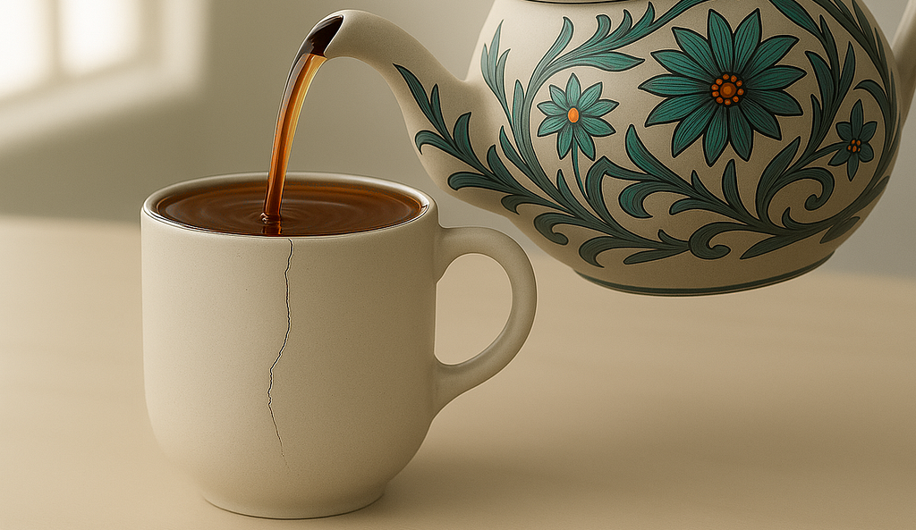 Tea pouring from a teapot into a cracked mug filled to the rim