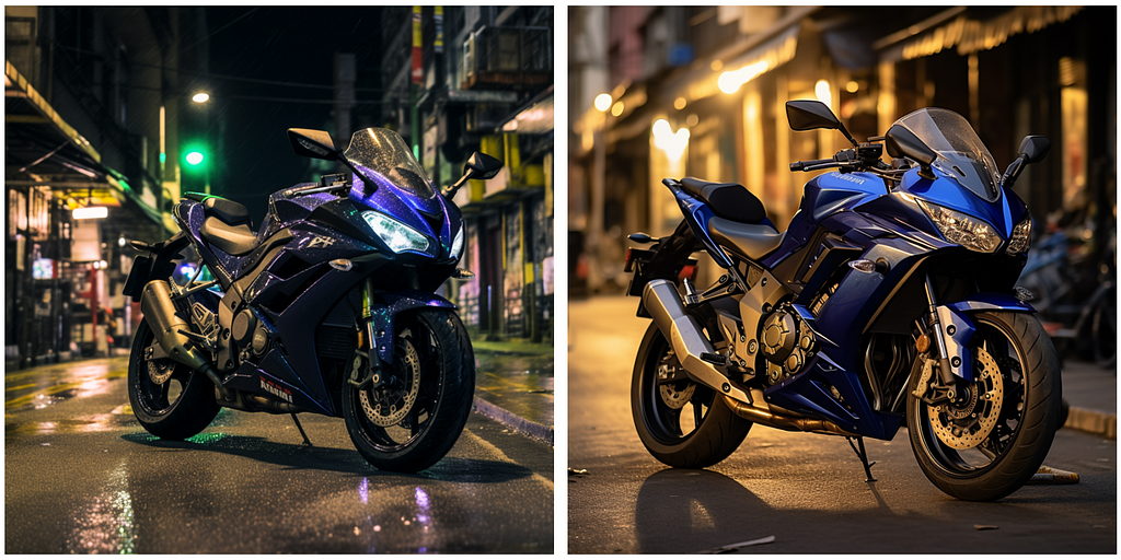 Difference between photos of a blue Kawasaki Ninja 1000 bike clicked during a rainy night and during the golden hour (generated by Midjourney)