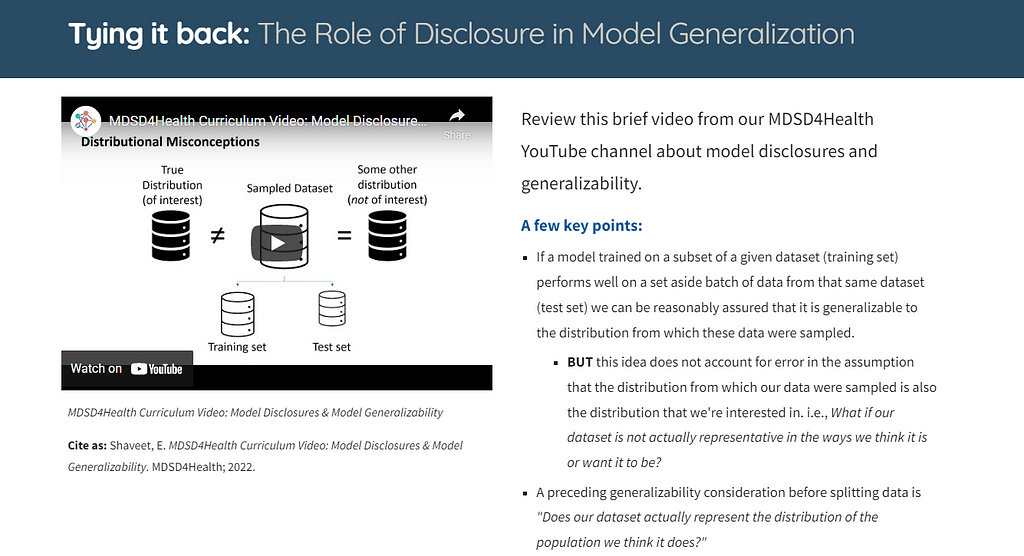 A piece of a screen capture from MDSD4Health Submodule 2.2, including an image of a video from a model generalization video recorded by Eden Shaveet and key points from the video. Visit https://www.mdsd4health.com/modules/module-2-the-role-of-disclosure/ml-generalization for text and the video link.
