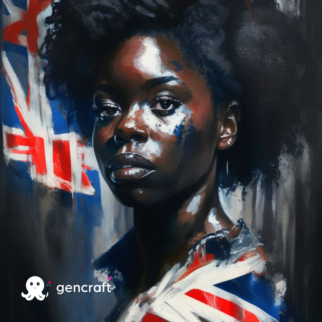 A head shot of a dark skinned black woman looks directly into the camera. She has natural hair in a mid length afro and is draped in a Union Jack flag. The British flag is also visible in the background.