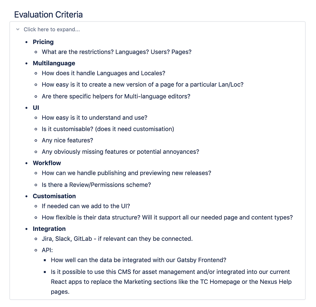 List of evaluation criterias for the content management system