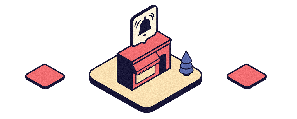 An isometric illustration showing a small shop with a notification bell displayed above it, representing notifications in digital apps.