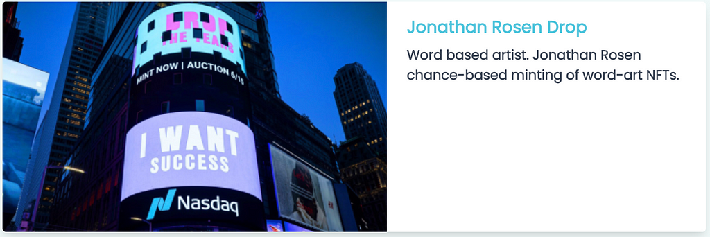 Jonathan Rosen Drop. Word based artist, Jonathan Rosen chance-based minting of word-art NFTs