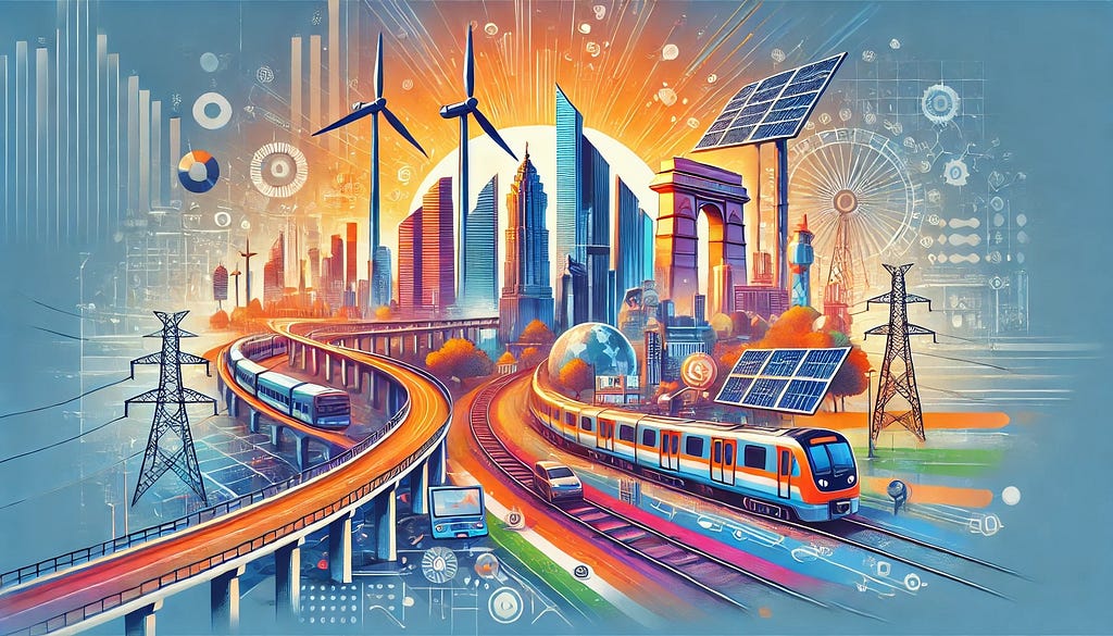 A vibrant illustration depicting India’s economic growth and infrastructure development. The image features a bustling cityscape with skyscrapers, modern transportation systems including trains and highways, and renewable energy sources like wind turbines and solar panels. In the foreground, symbols of technology and finance, such as charts, graphs, and digital devices, are shown. The colors are bright and dynamic, reflecting the energy and potential of India’s future.