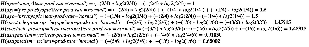Equations showing the calculation of all value entropies where the dataset is filtered to the tear-prod-rate feature being equal to “normal.”